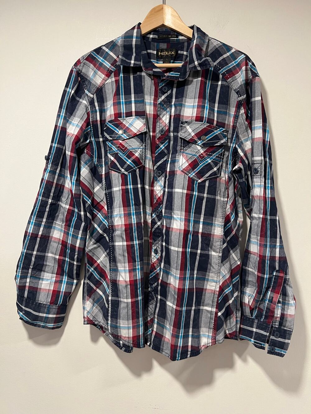 Helix Plaid Button Down Shirt Athletic Fit Western Style Blue Red Large JL